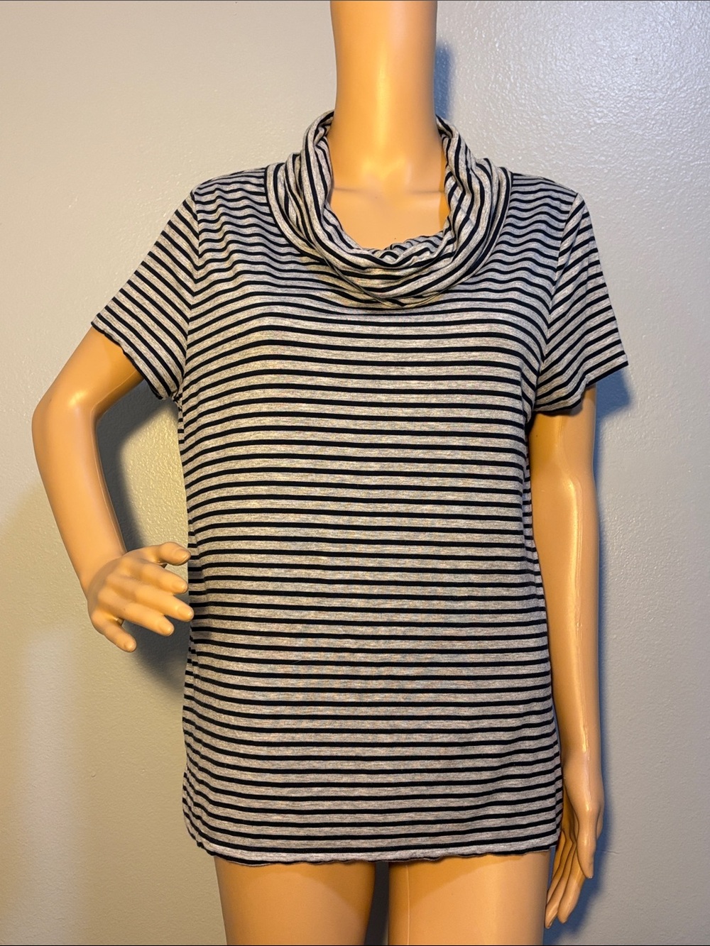 Ann Taylor Striped Short Sleeve Cowl Neck Top - Navy Blue & Gray
